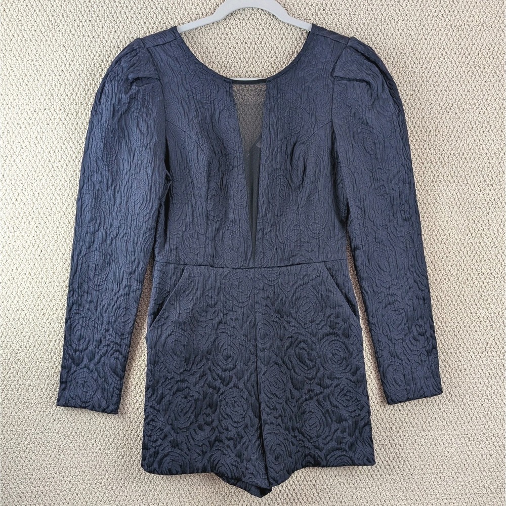 BCBGENERATION Jacquard Mesh Deep V Romper Size 6 Navy Long Sleeve Pockets Dressy